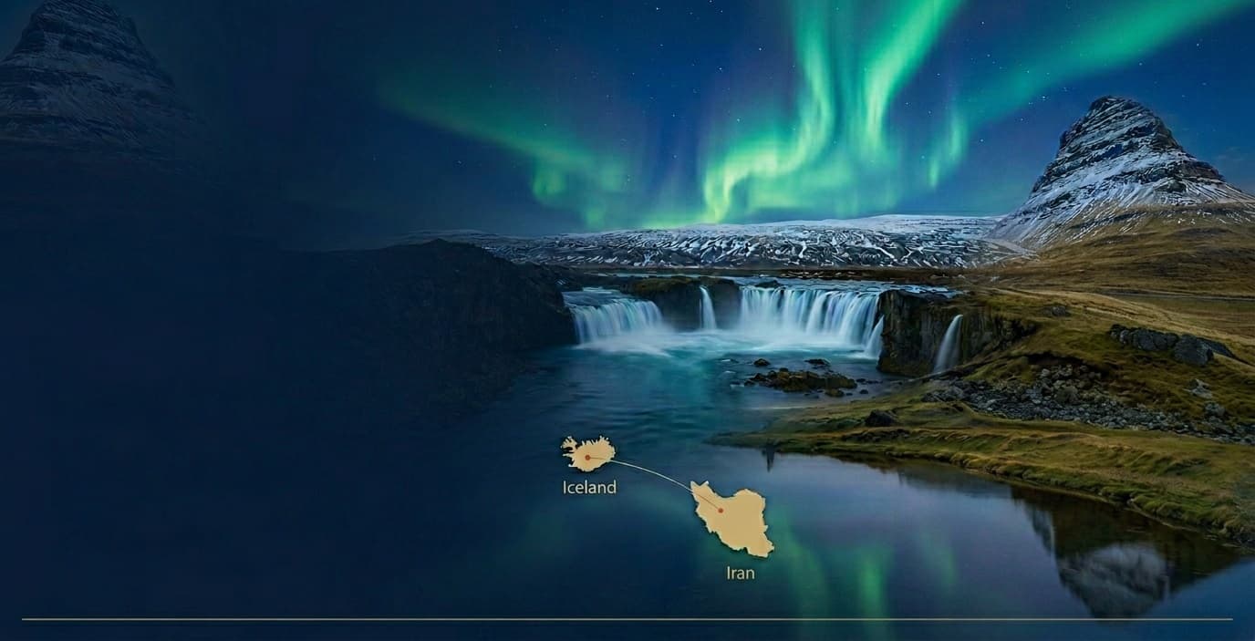 Icelandic glacier landscape with Iran and Iceland map