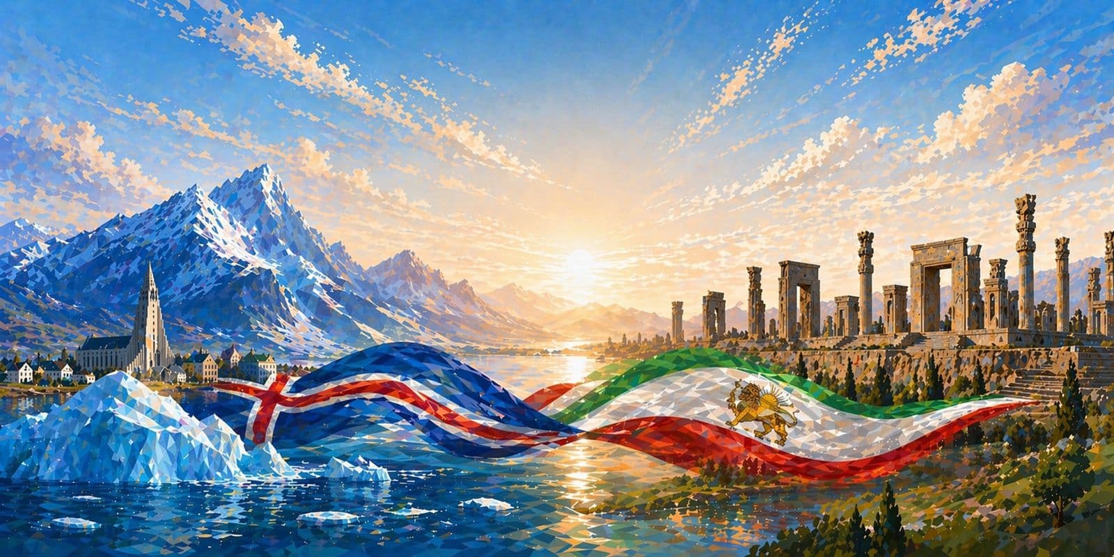 Icelandic glacier landscape with Iran and Iceland map